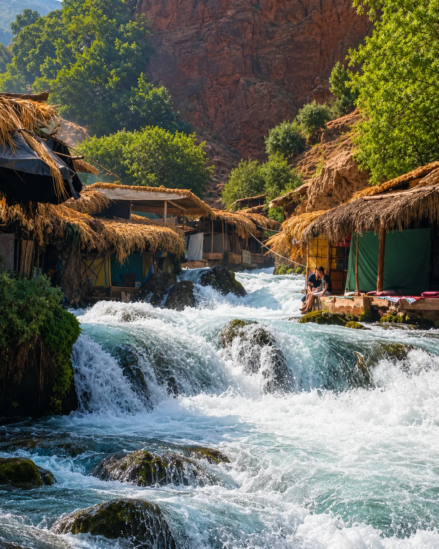 Clear rushing water, rustic riverside shelters and red rock in the Khenifra mountain landscape