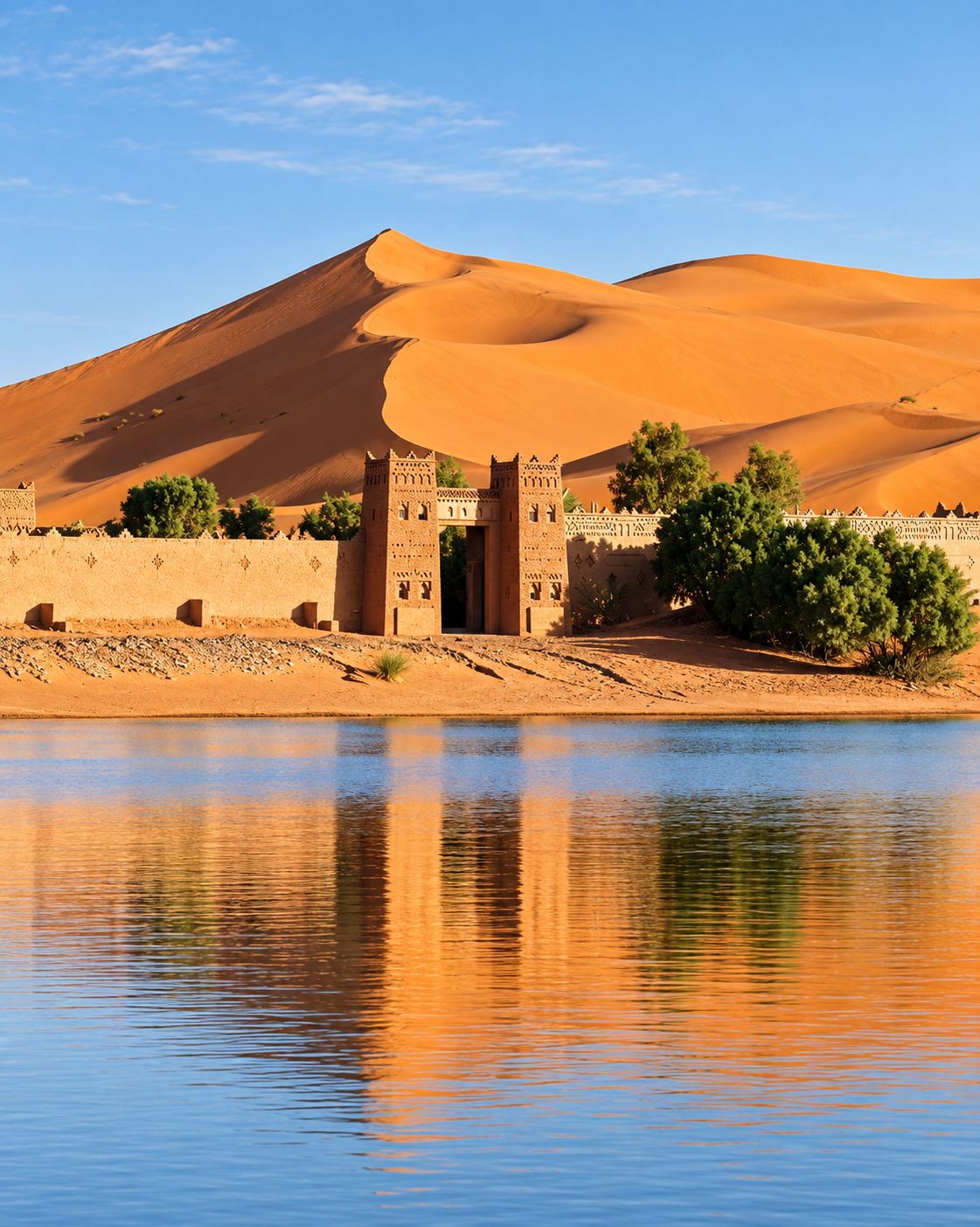 Lake Yasmina reflecting an ochre building below the Erg Chebbi dunes