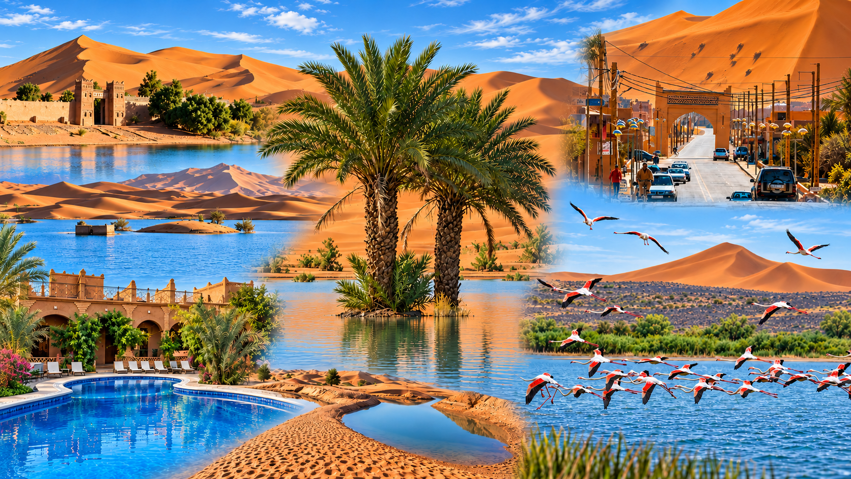Visual montage of Lake Yasmina and the Merzouga area, with palms, dunes, water and village scenes