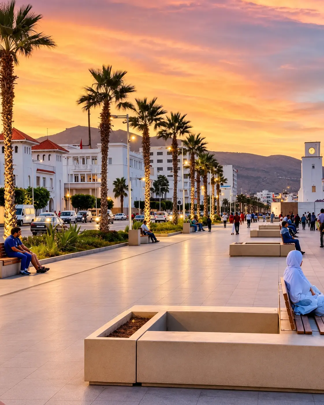 Nador palm-lined square at sunset, the city context for Marchica Lagoon