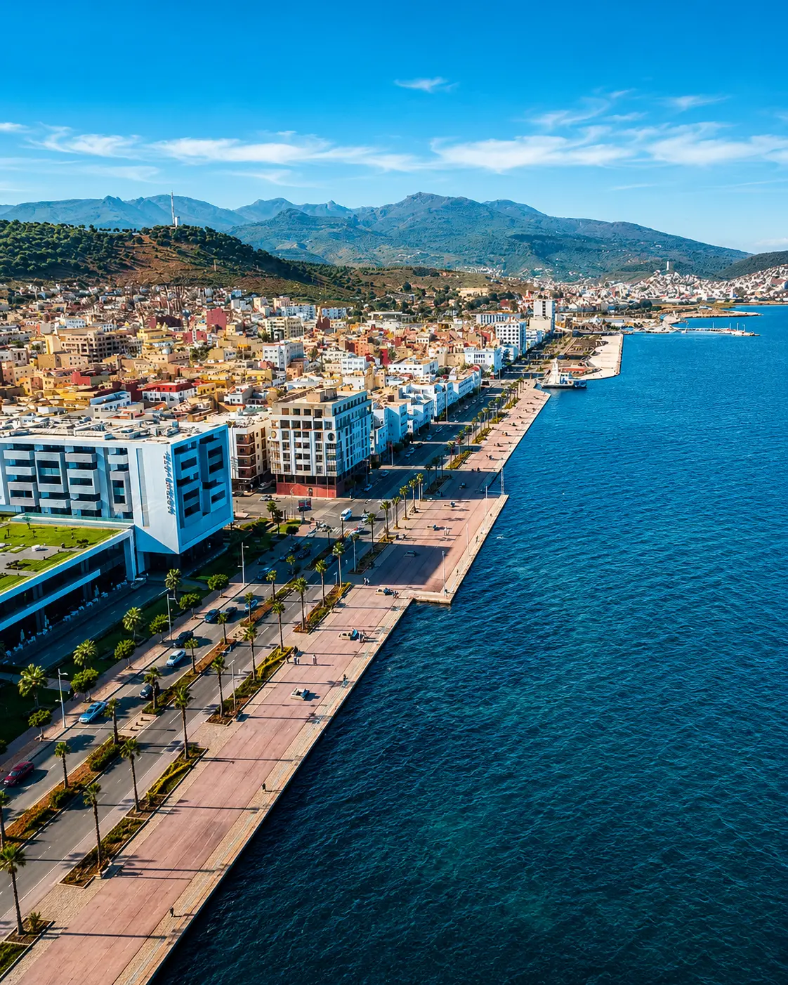 Nador coastline and mountain horizon, the city gateway context for Marchica Lagoon