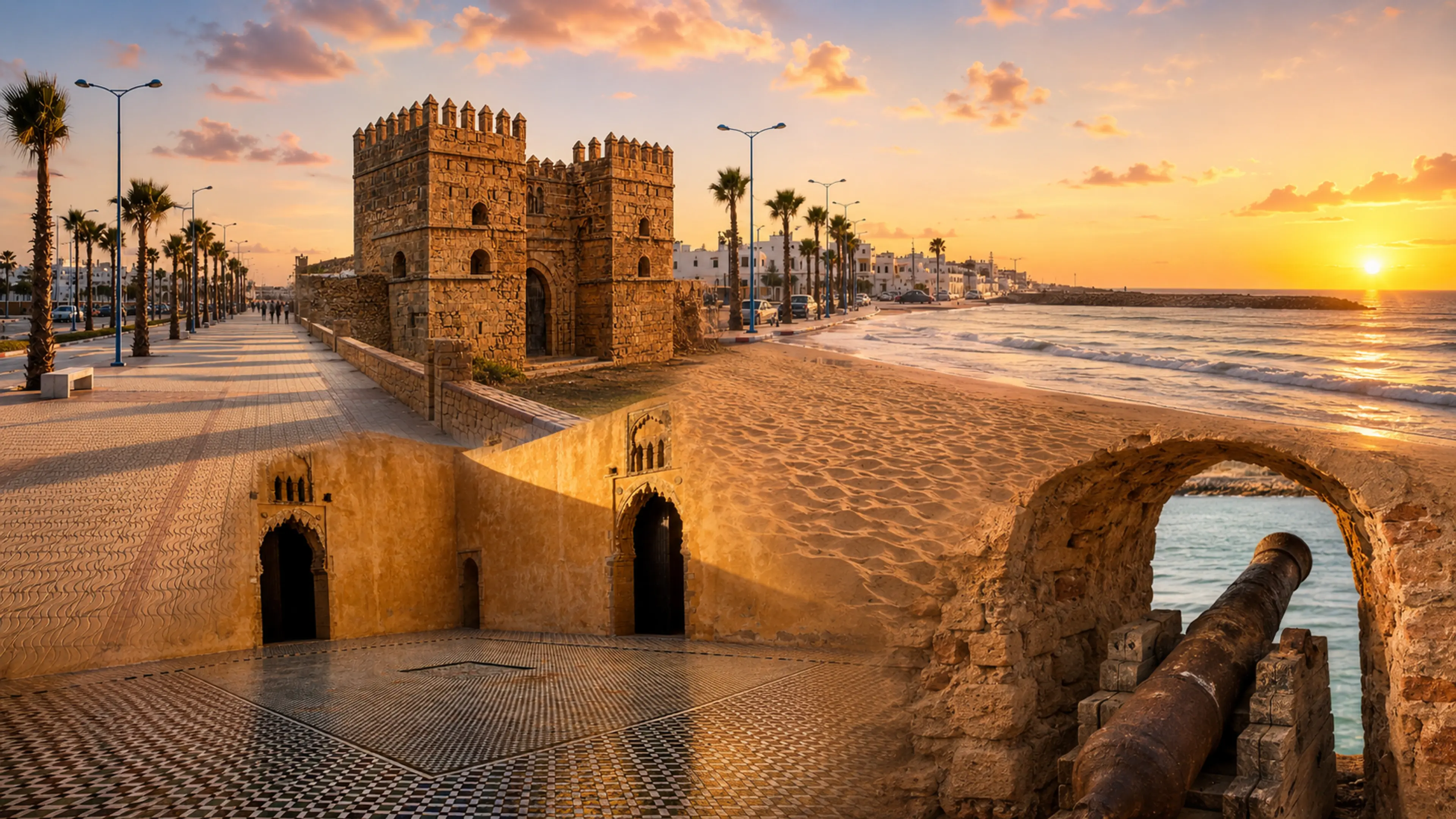 Mehdia's Atlantic shore, kasbah architecture and golden coastal light near Kenitra, Morocco