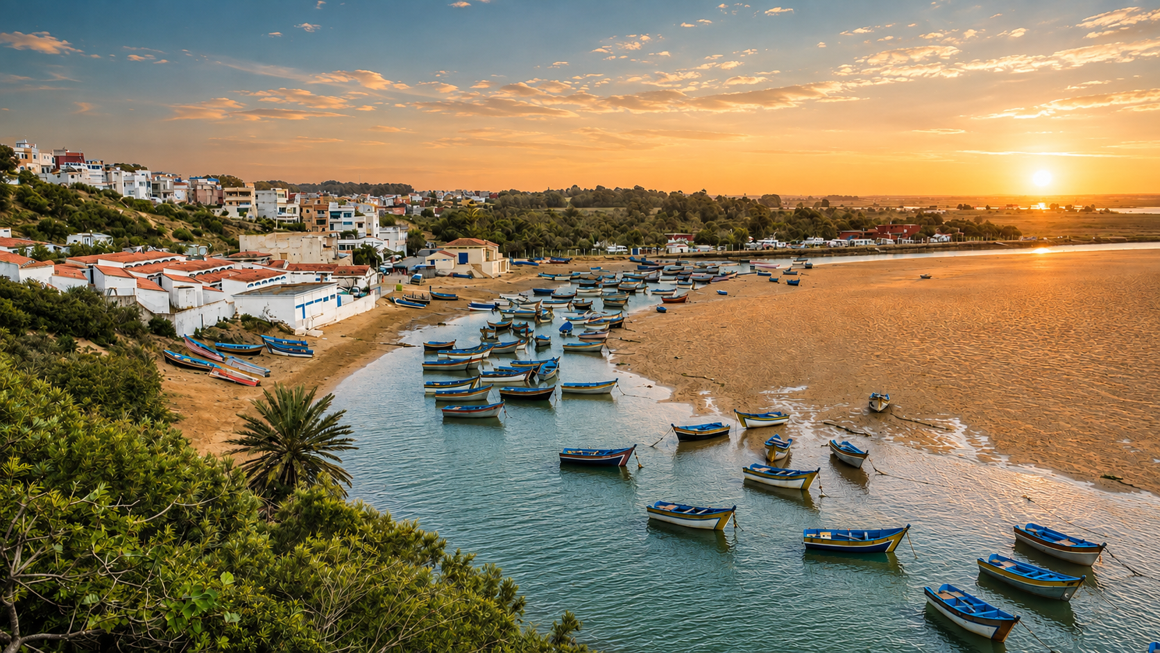 Merja Zerga lagoon at sunset with fishing boats, Moulay Bousselham and Atlantic coastal light