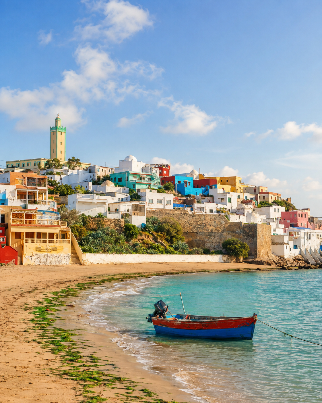 Moulay Bousselham beach, mosque tower, colourful houses and a boat beside turquoise water