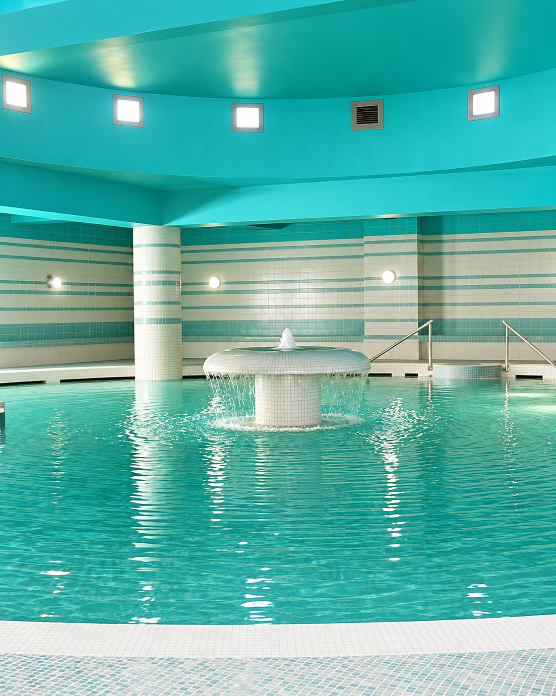Turquoise indoor thermal pool with a central fountain at Moulay Yacoub Springs