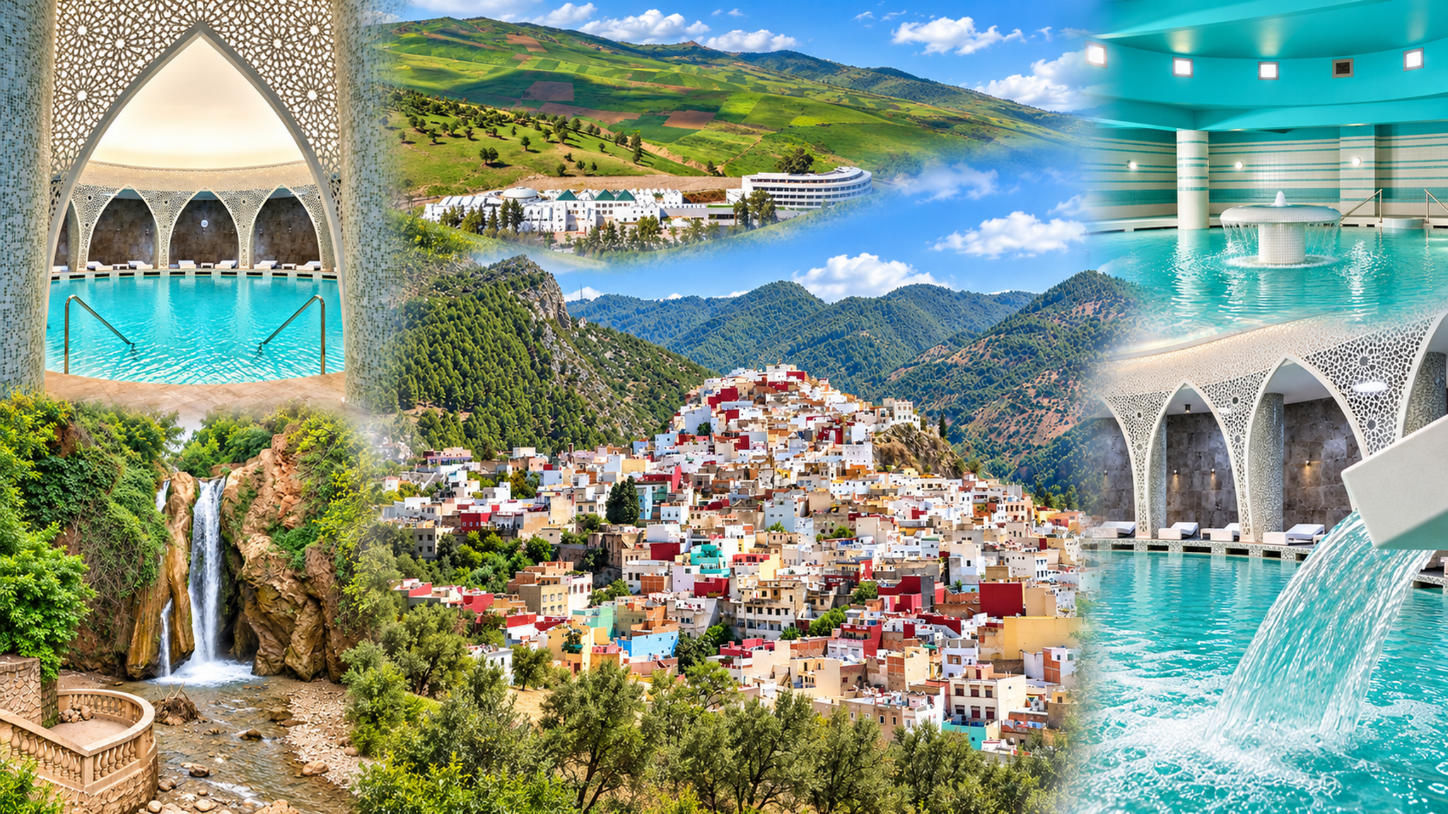 Composite view of Moulay Yacoub Springs with thermal pools, hillside buildings and surrounding countryside
