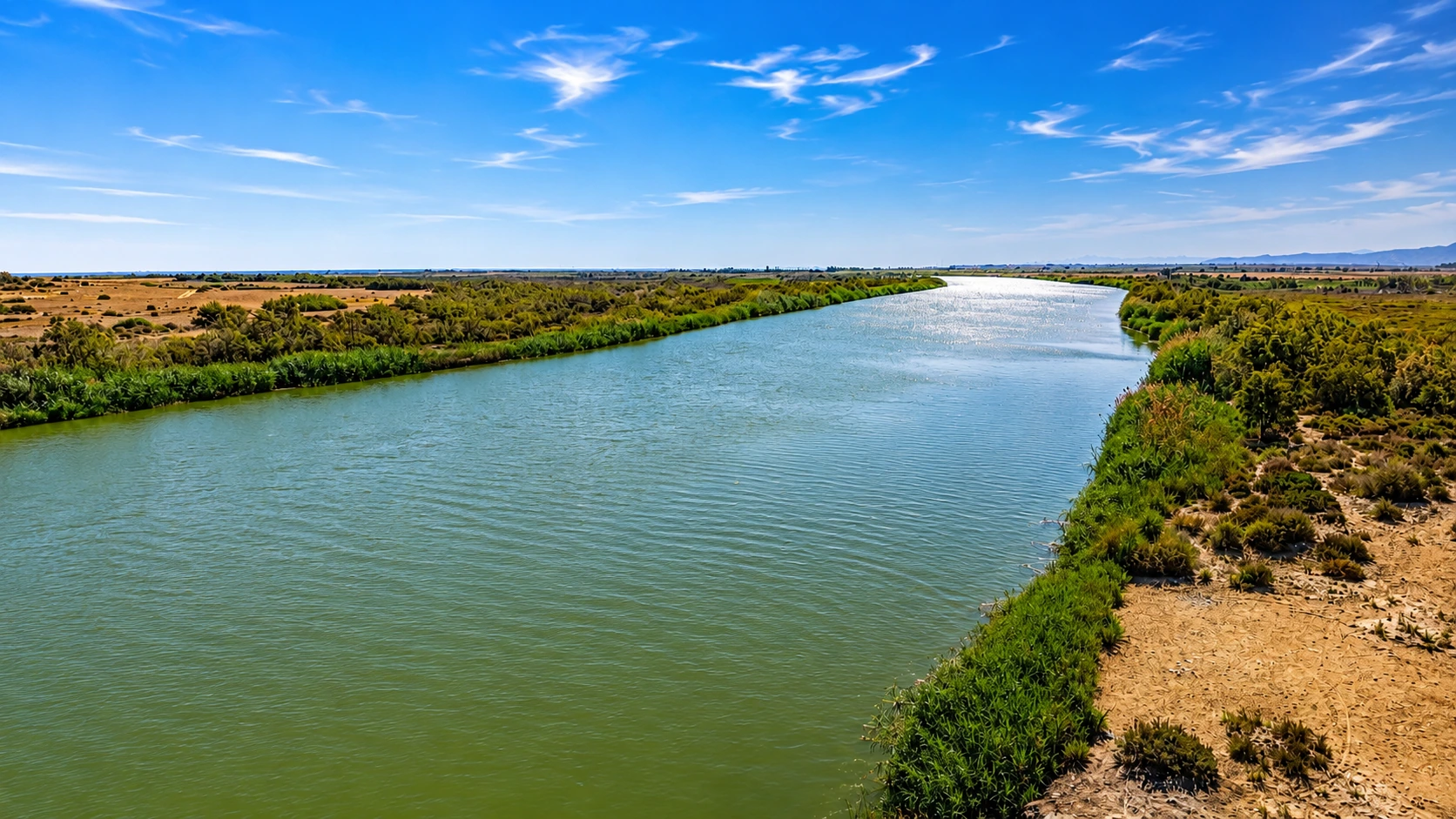 The Moulouya River Mouth with green riverbanks, sandy ground and Mediterranean light in northeastern Morocco