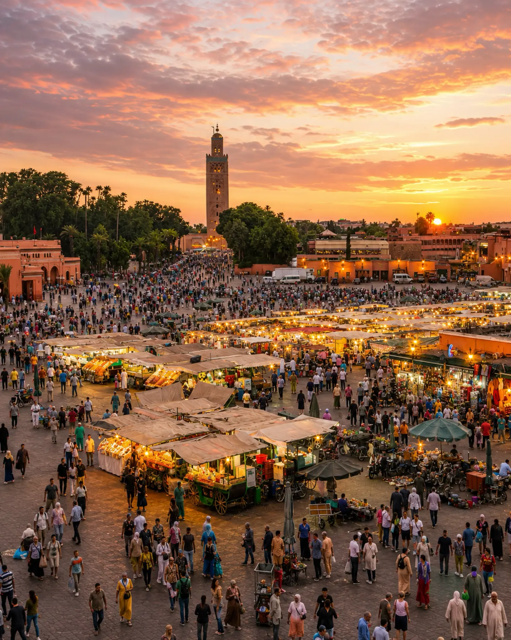 Marrakech at sunset, the city gateway for travellers continuing toward Imlil and Mount Toubkal