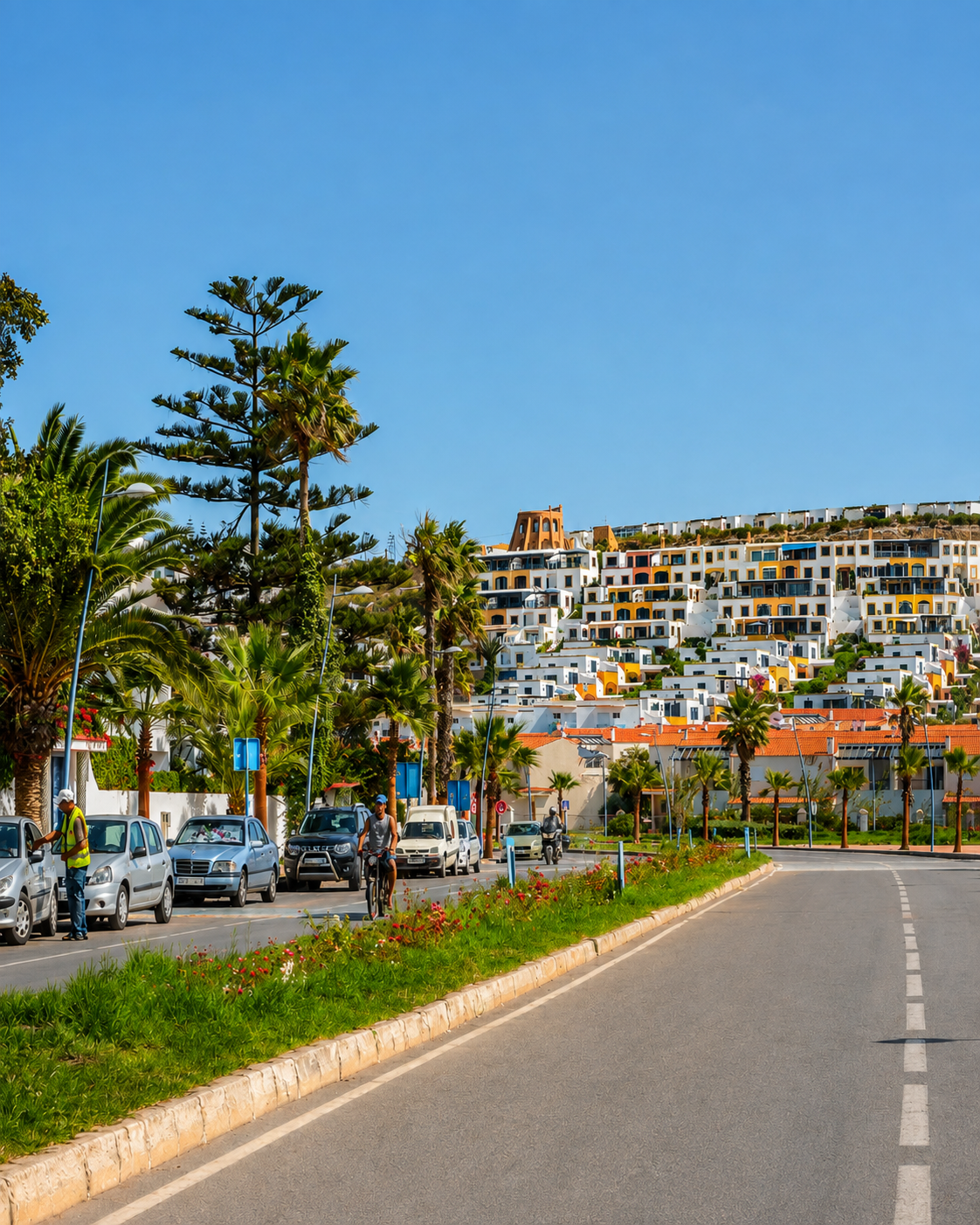 Palm-lined road into Oualidia with white hillside buildings and a clear Atlantic sky