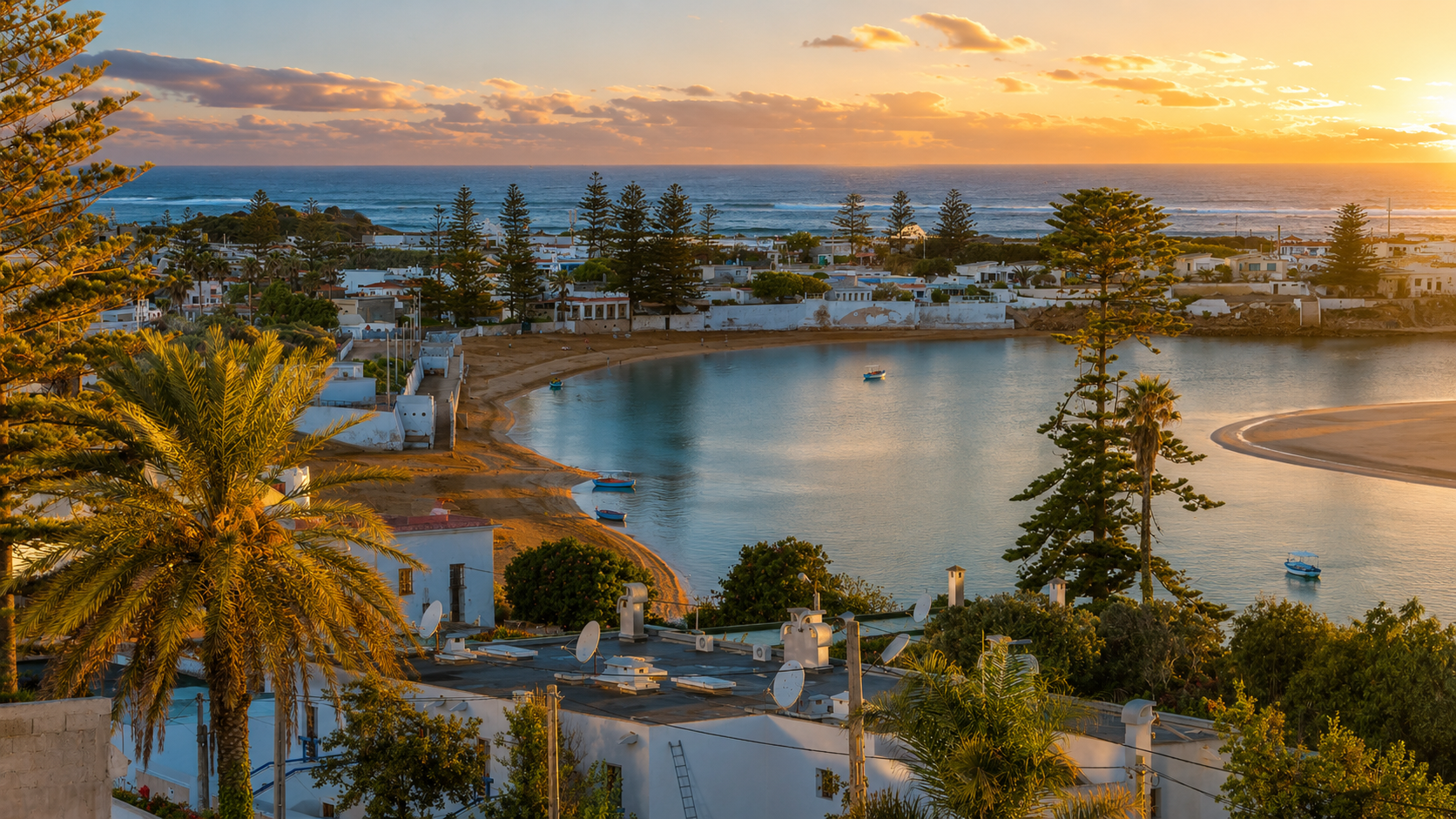 Oualidia Lagoon at sunset with calm water, Atlantic waves, palms, boats and white coastal houses