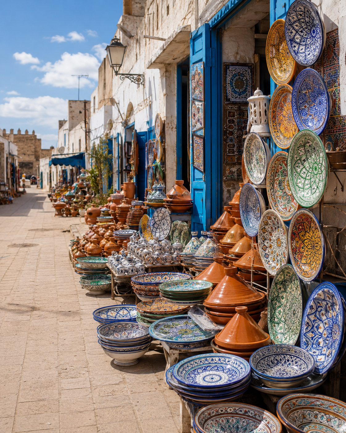 Safi ceramic street display with blue doors, patterned plates and Atlantic medina light