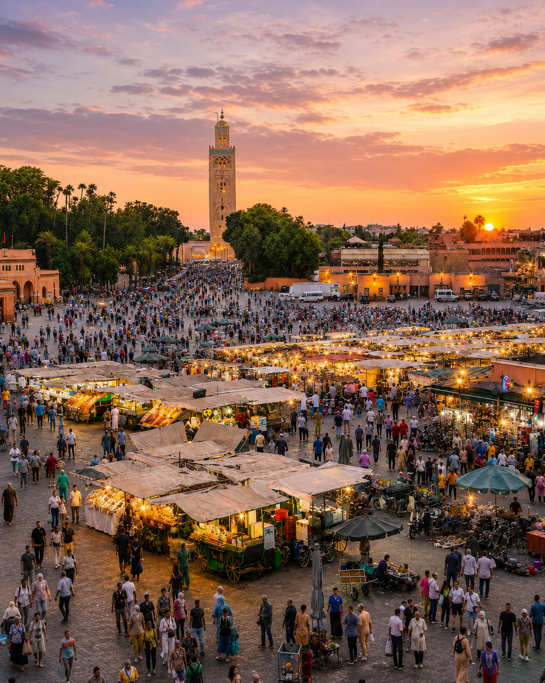 Evening crowds and illuminated stalls in Marrakech with the Koutoubia minaret in the background