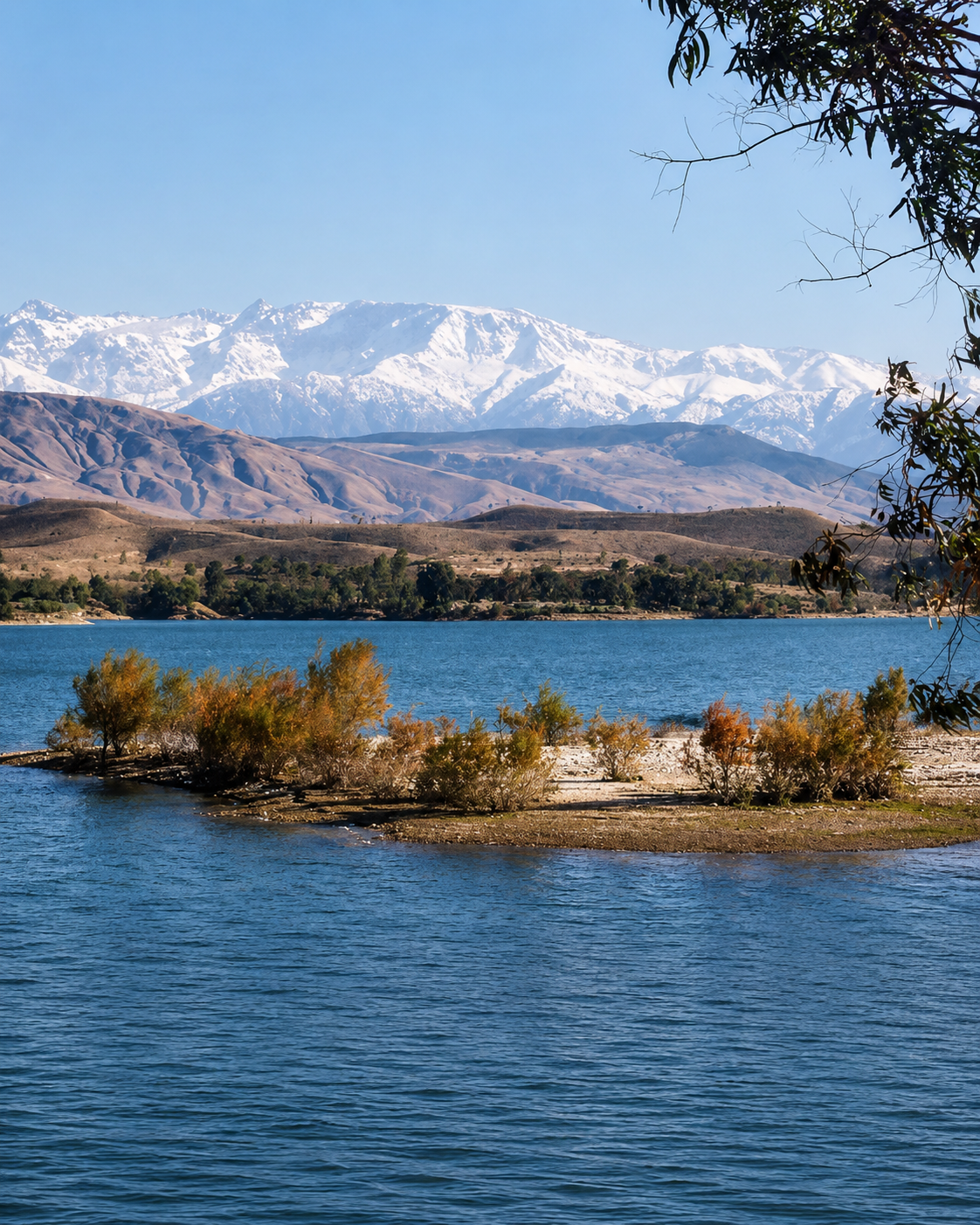 Blue water and wooded shoreline beneath a snow-covered Atlas mountain backdrop