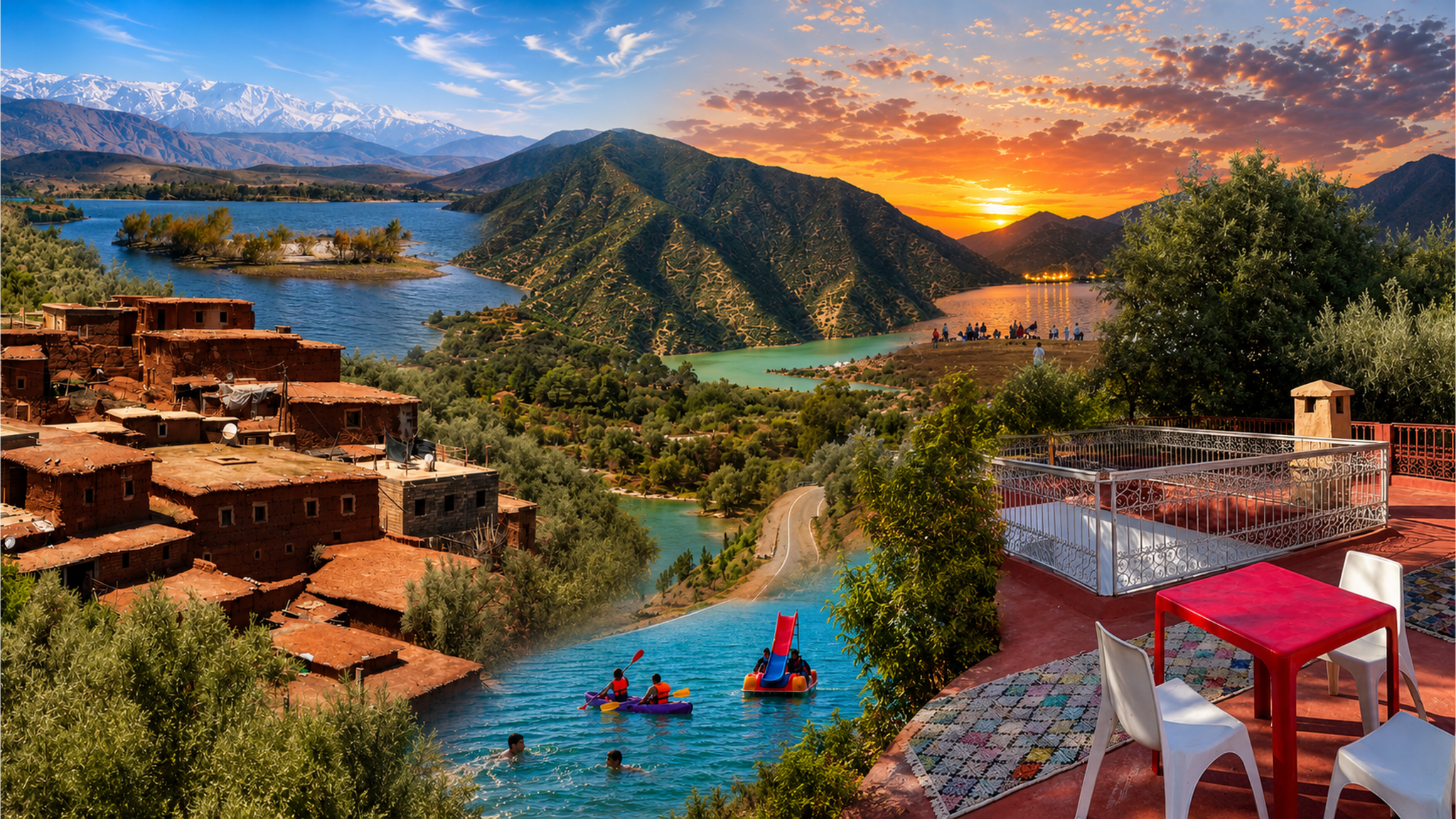 Panoramic composition of Ouirgane Valley scenes with mountain villages, reservoir views and terraces