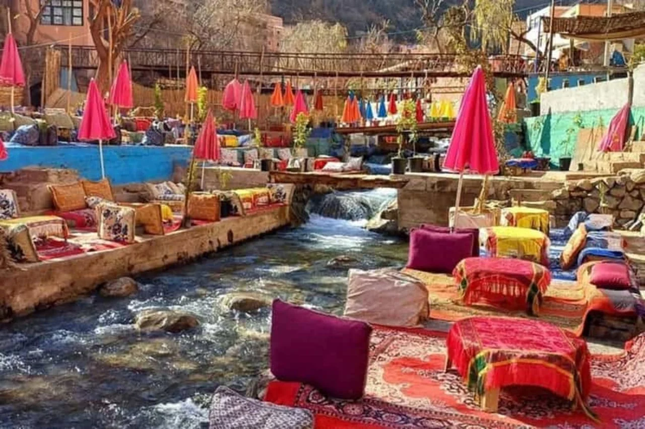 Riverside seating beside flowing water in Ourika Valley