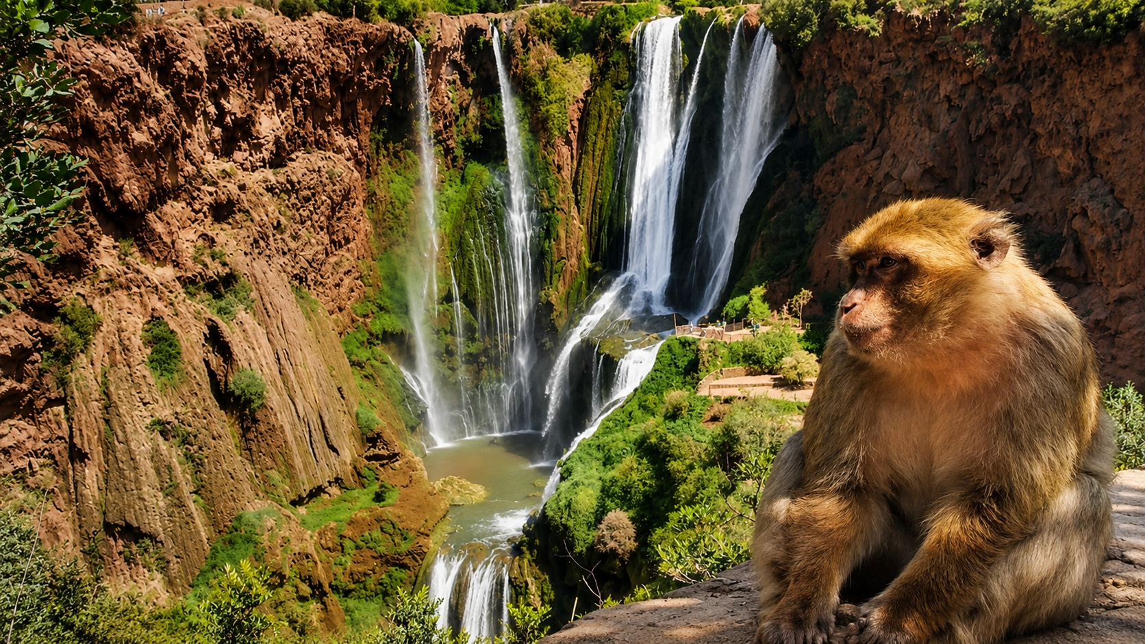 Ouzoud Waterfalls dropping through red cliffs with green vegetation and a Barbary macaque in Azilal, Morocco
