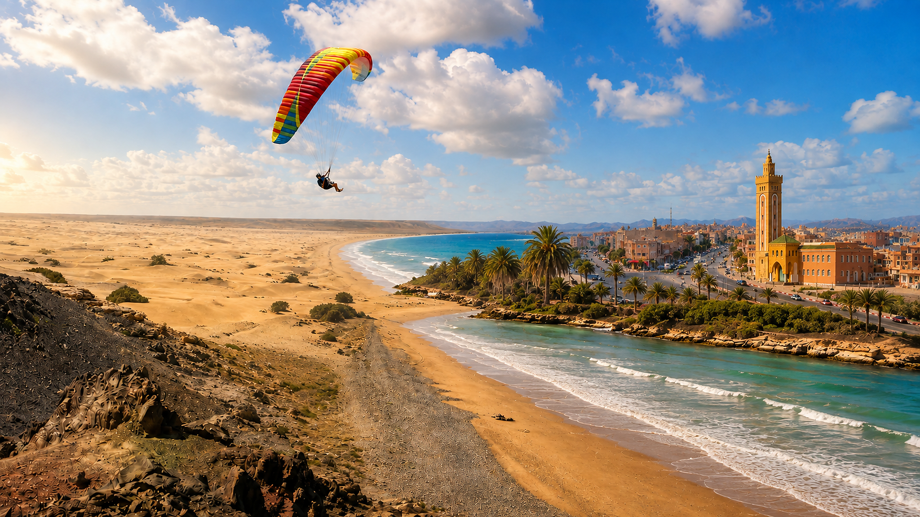 Plage Blanche coastline, dunes and Atlantic water under bright southern Moroccan light