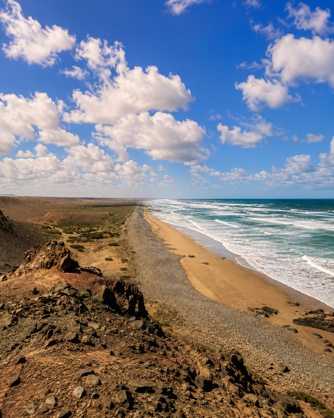Plage Blanche coastal river-mouth landscape with dunes, rock, surf and open Atlantic horizon