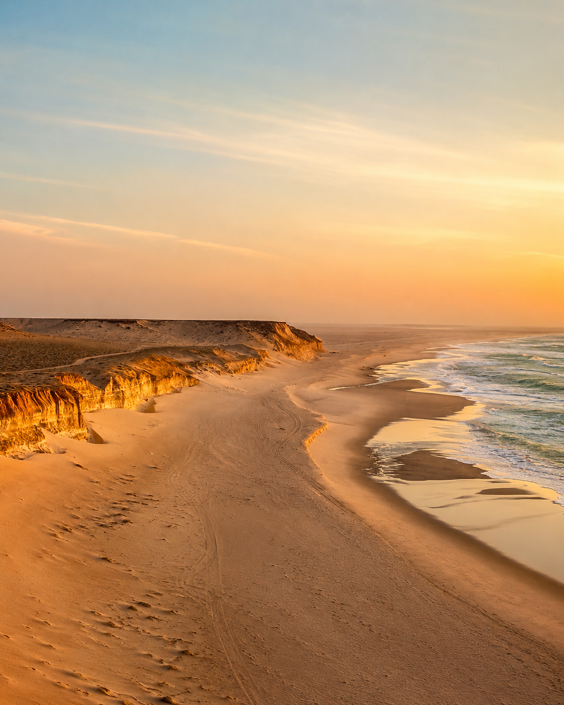Golden dunes and Atlantic surf at Puerto Rico Beach near Dakhla
