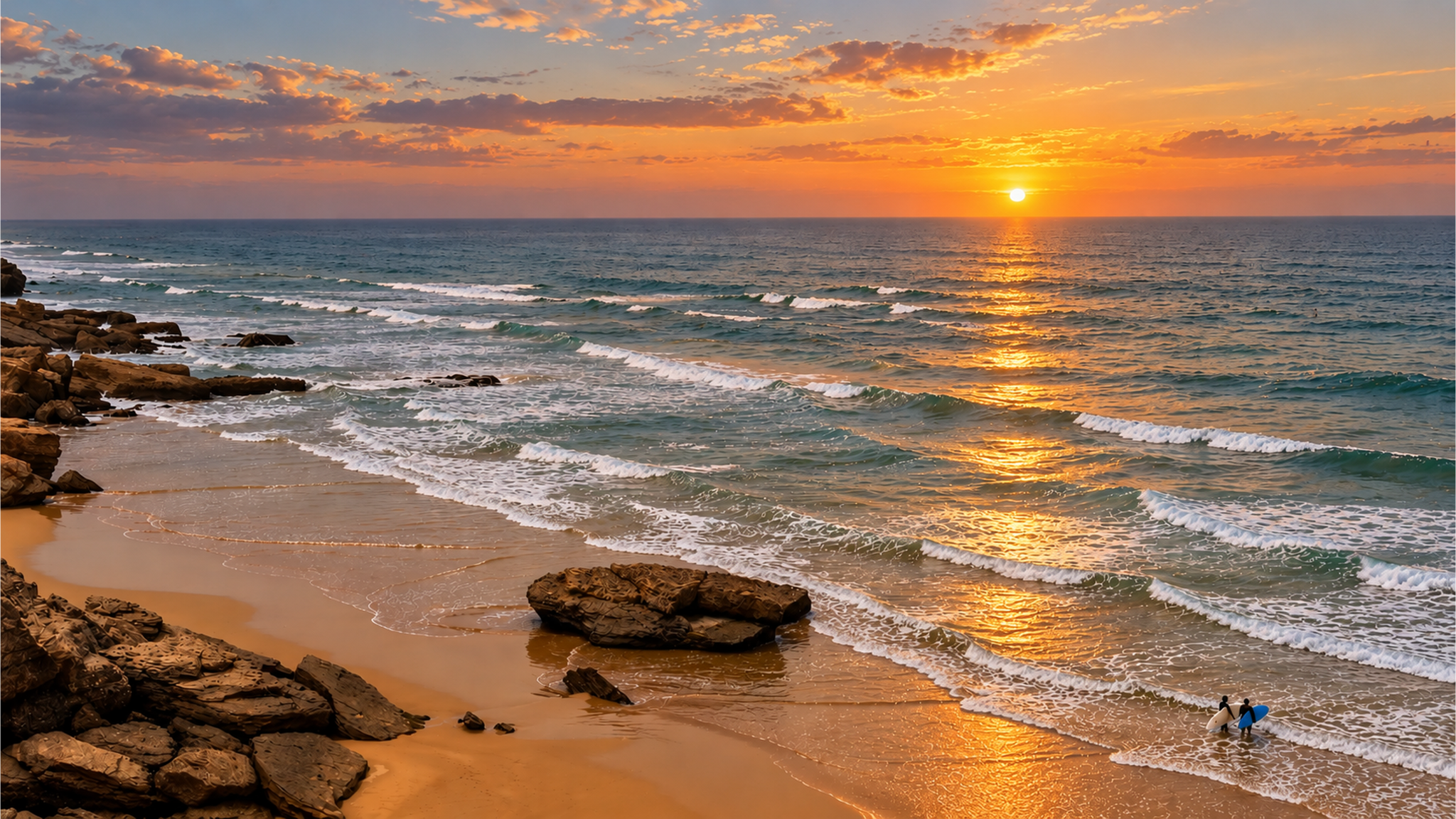 Sunset waves, golden sand and rocky Atlantic shoreline at Puerto Rico Beach near Dakhla, Morocco