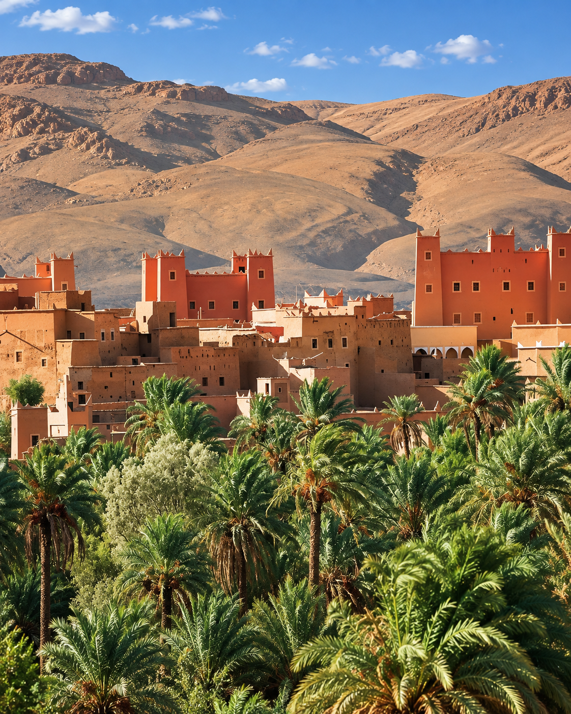 Warm towered buildings and greenery in the Kelaat M’Gouna gateway landscape