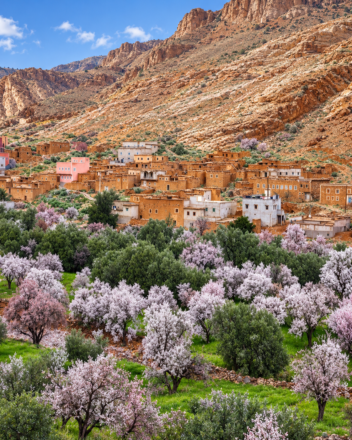 Blossoming orchard trees below a village and rocky slopes in the Rose Valley landscape