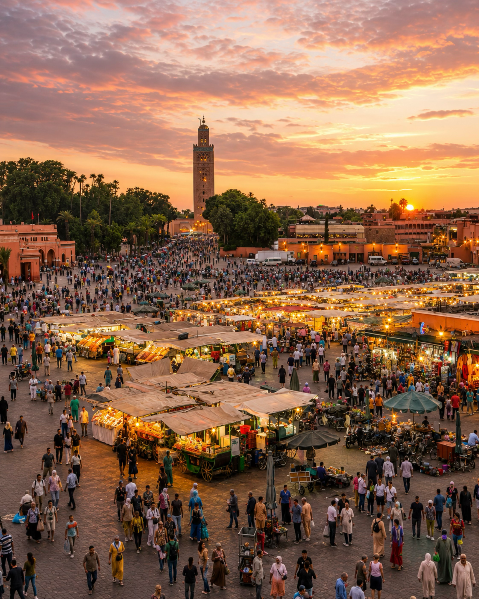 Marrakech at sunset with Koutoubia Mosque and Jemaa el-Fna, the city context for the Saadian Tombs