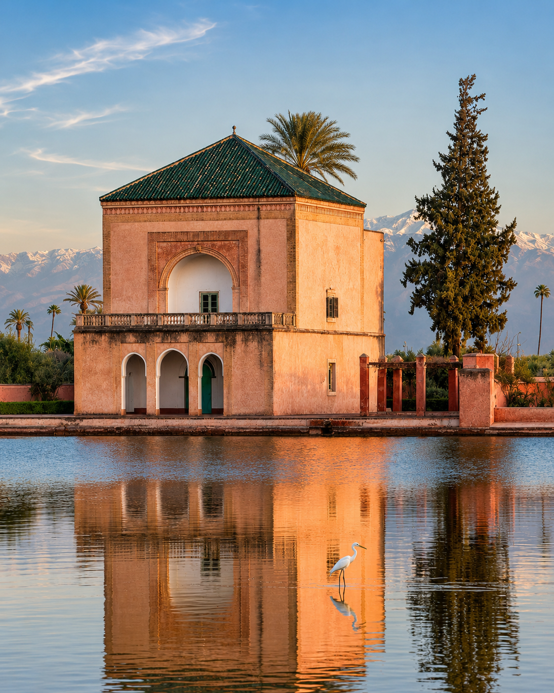 The Menara pavilion in Marrakech reflected in its basin, with the Atlas Mountains beyond