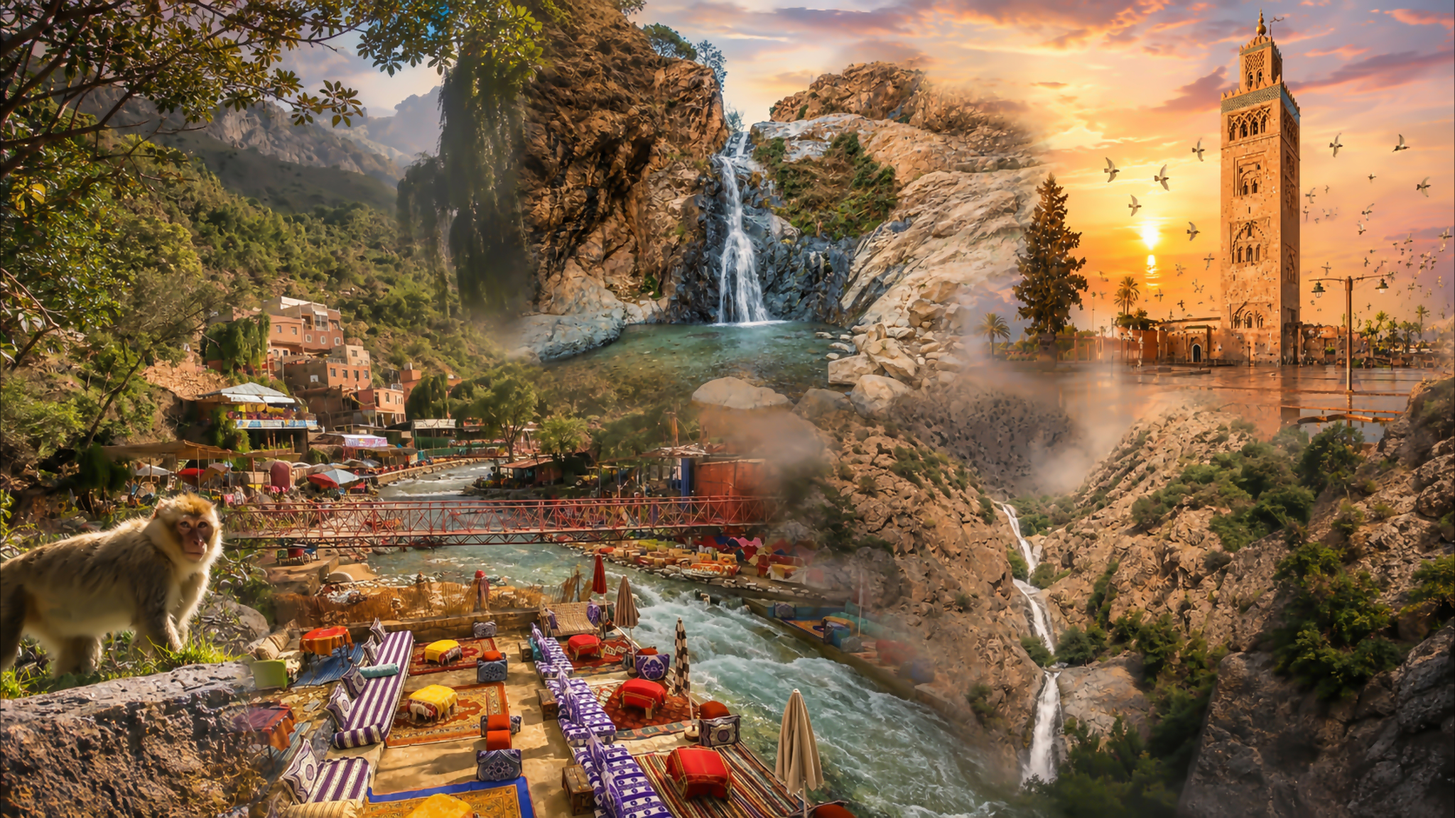 Visual montage connecting Setti Fatma waterfalls, the Ourika riverfront and Marrakech
