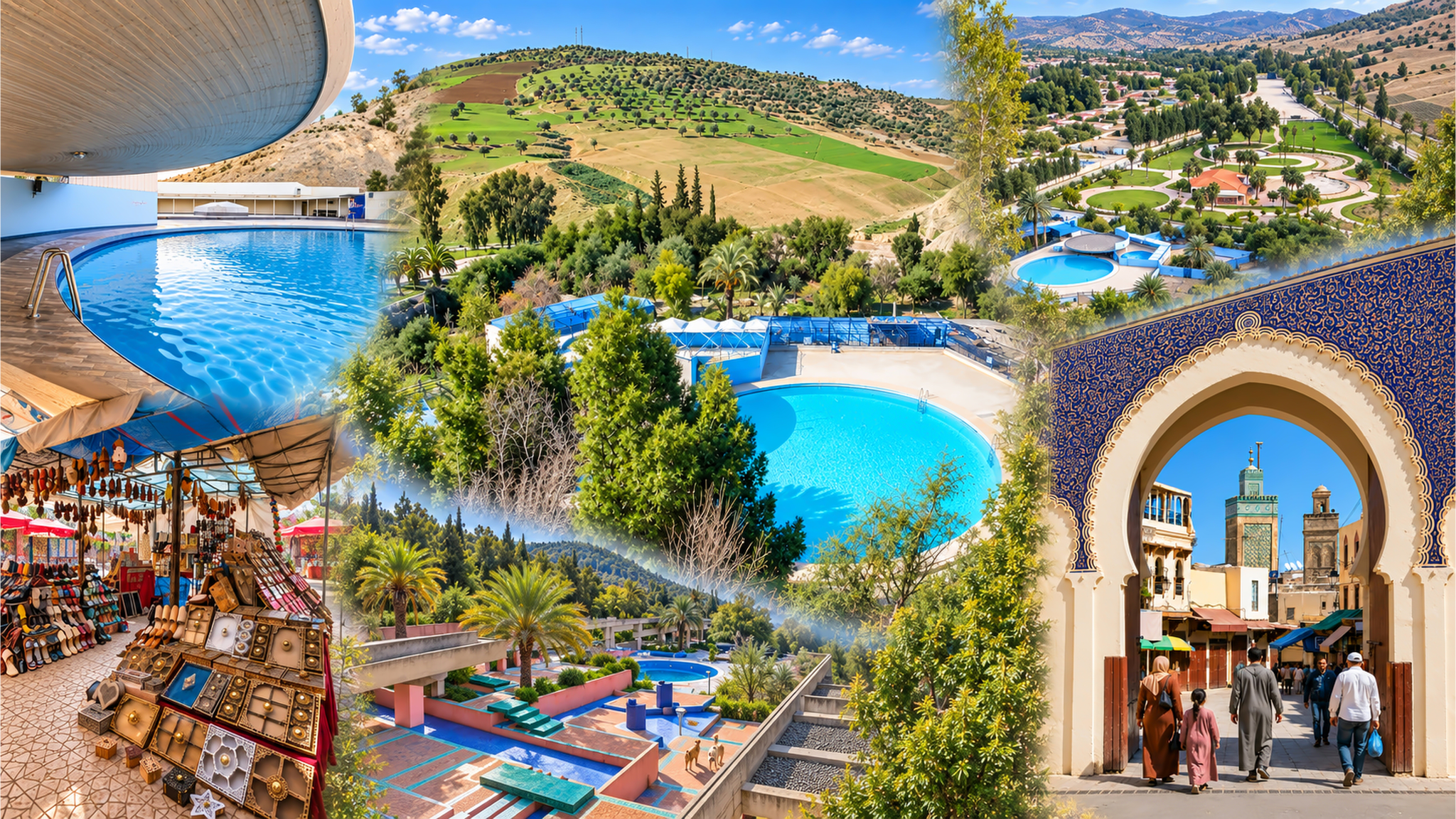Sidi Harazem Springs montage with circular pools, concrete canopies, hillside gardens and a Fez gateway
