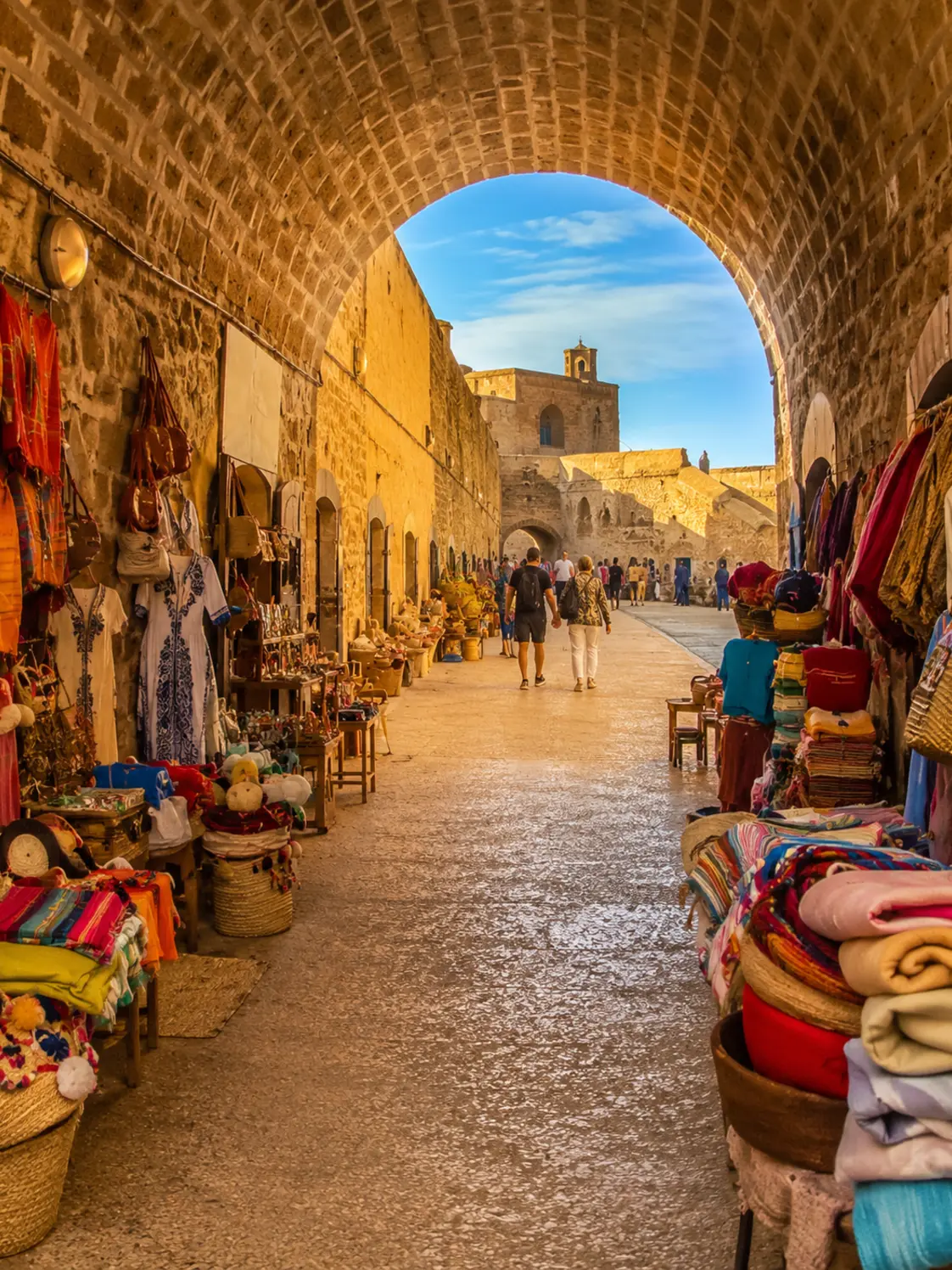Essaouira medina passage and craft stalls, the city gateway context for Sidi Kaouki
