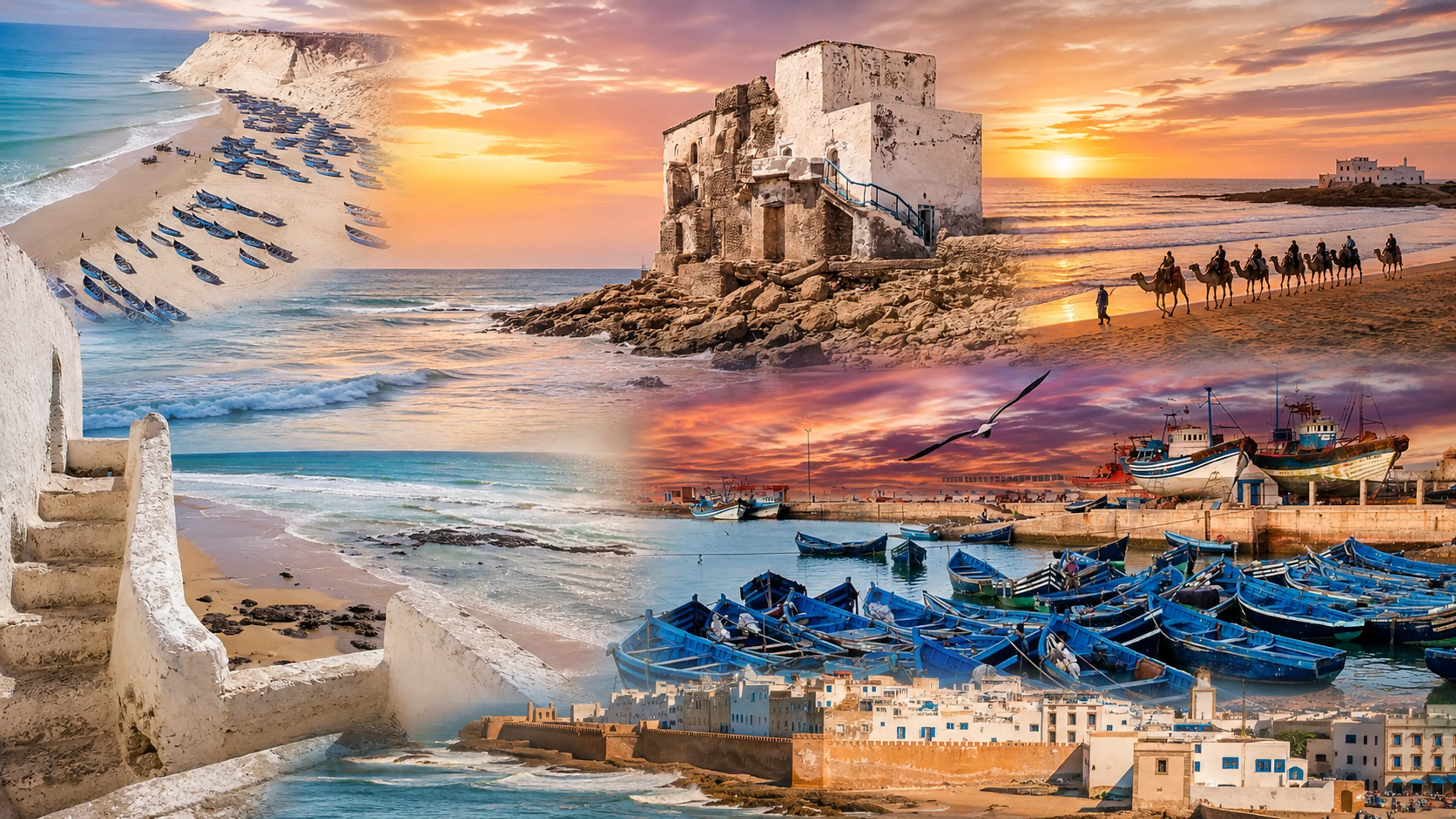 Sidi Kaouki Atlantic beach near Essaouira with coastal buildings, boats, ocean light and sunset sky