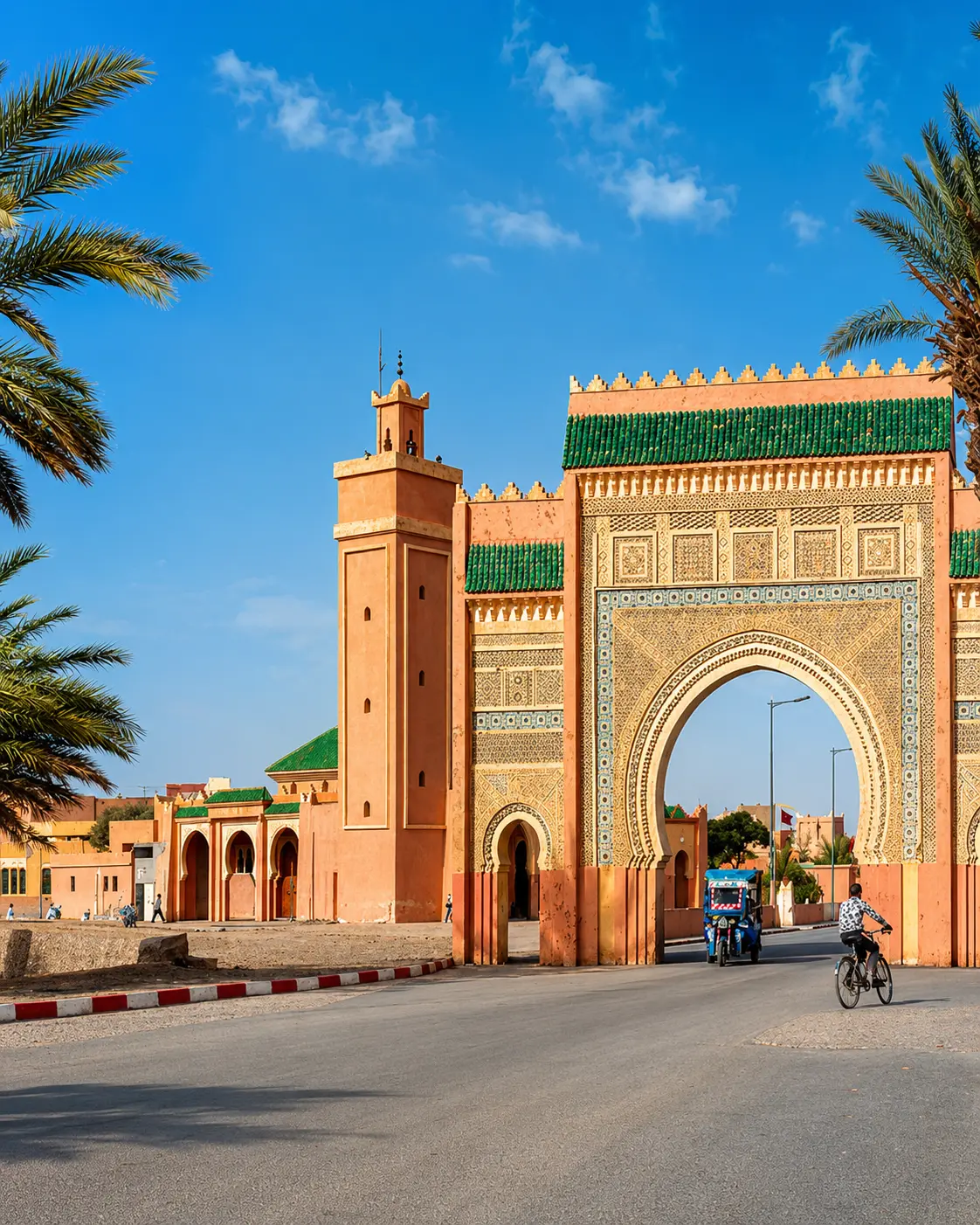 Rissani gate and palm-framed urban context for visiting Sijilmasa Ruins