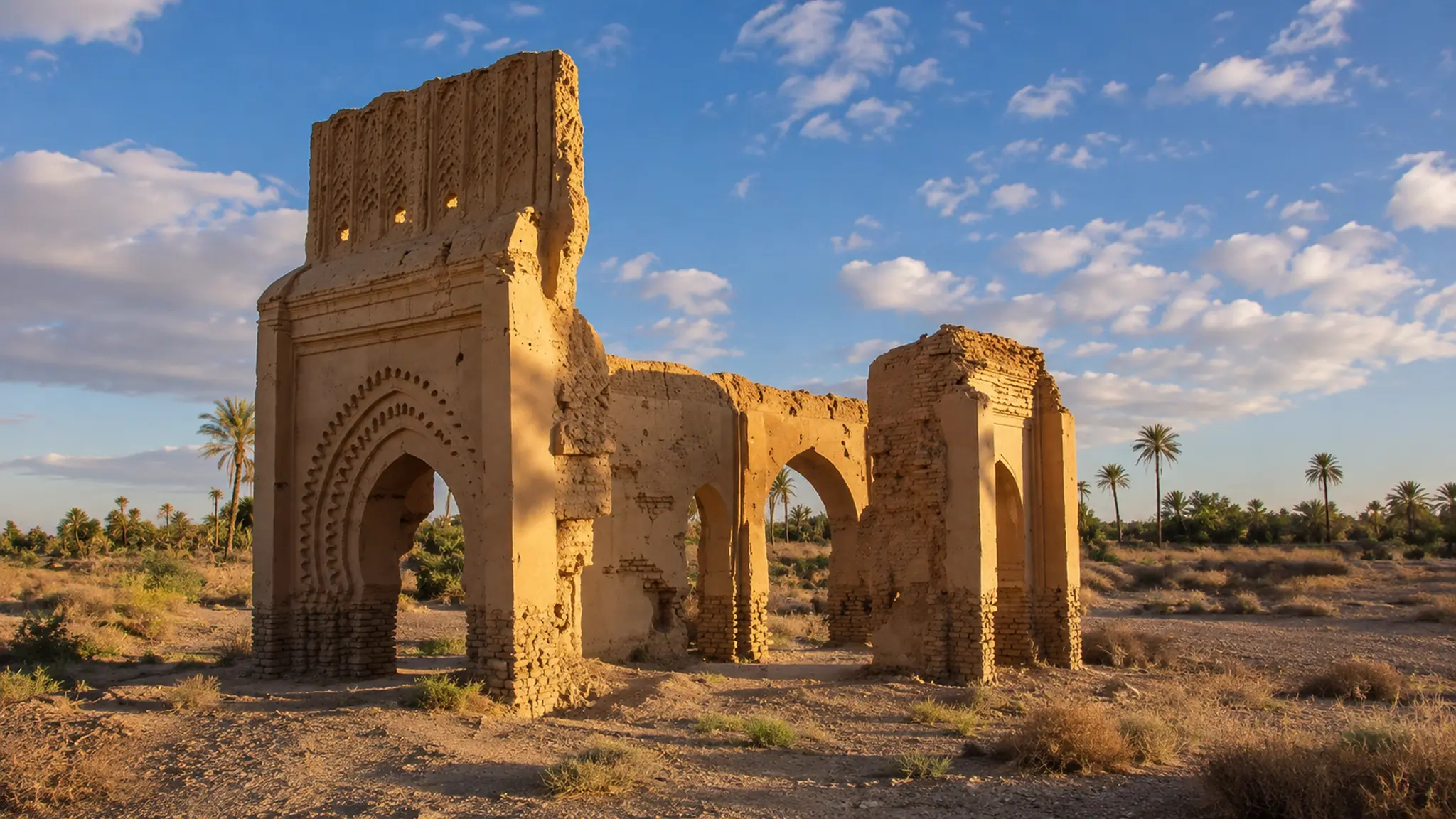 Sijilmasa ruins standing in warm light among palms near Rissani in the Tafilalt oasis, Morocco