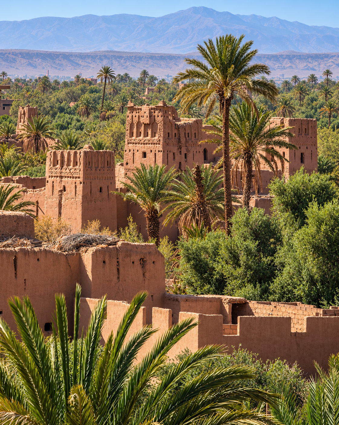 Earthen kasbahs among Skoura’s palms with mountains in the distance