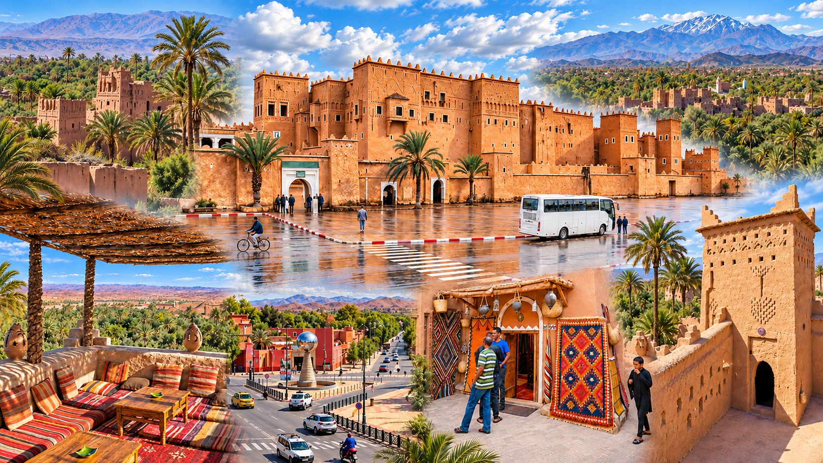Panoramic composition of Skoura palm groves, earthen kasbahs and the Ouarzazate gateway