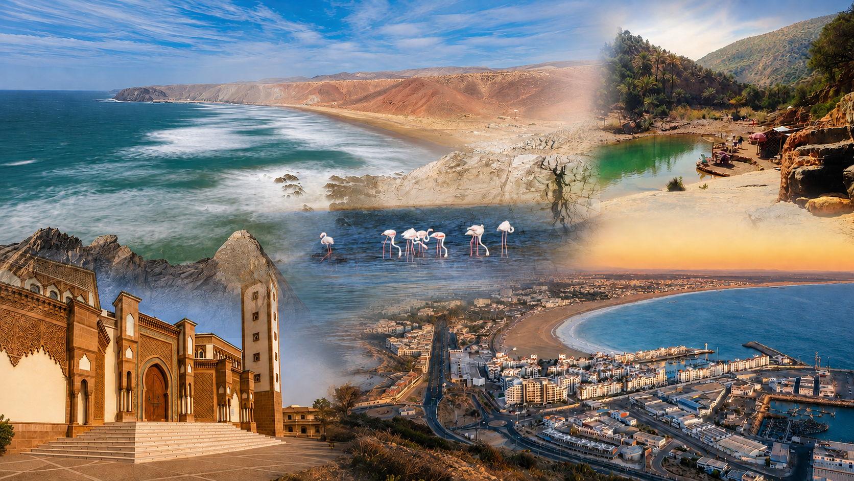 Souss-Massa River landscape, Atlantic coast, flamingos and Agadir context in southern Morocco