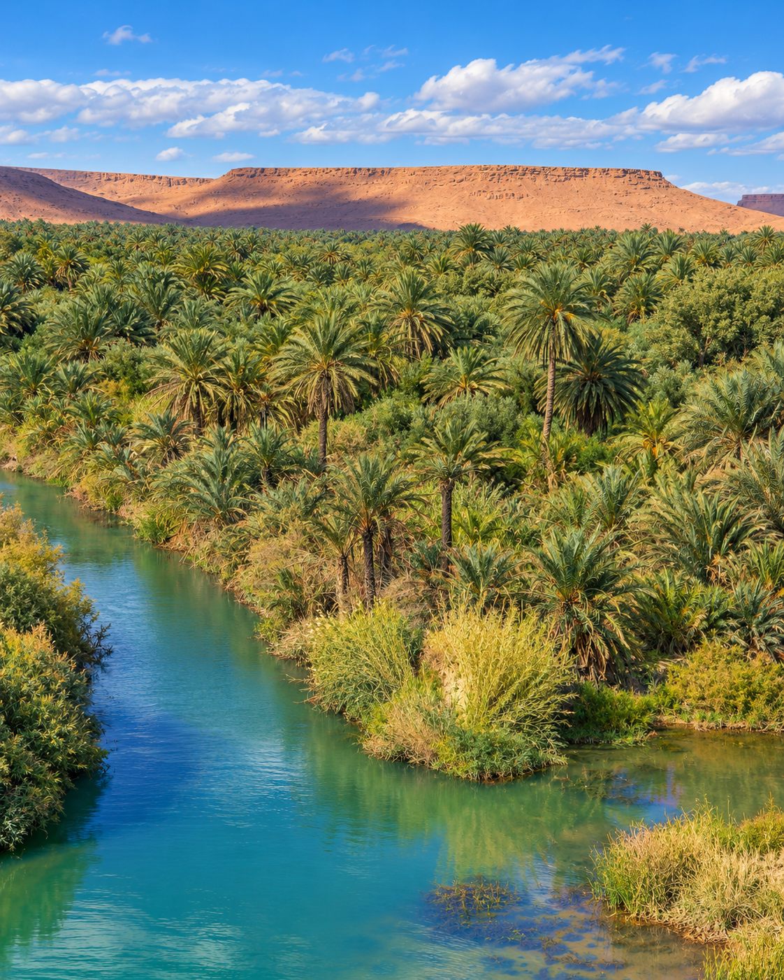 Dense date palms beside water, with a flat-topped rocky ridge beyond