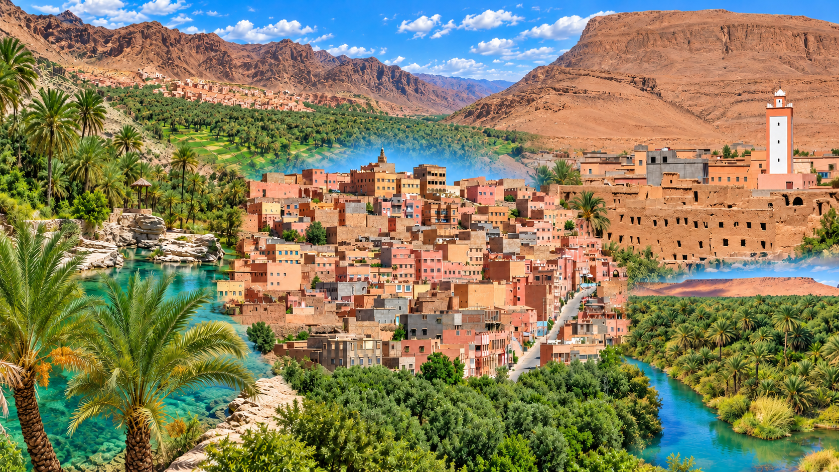 Panoramic composition of palm groves, water, earthen buildings and rocky terrain