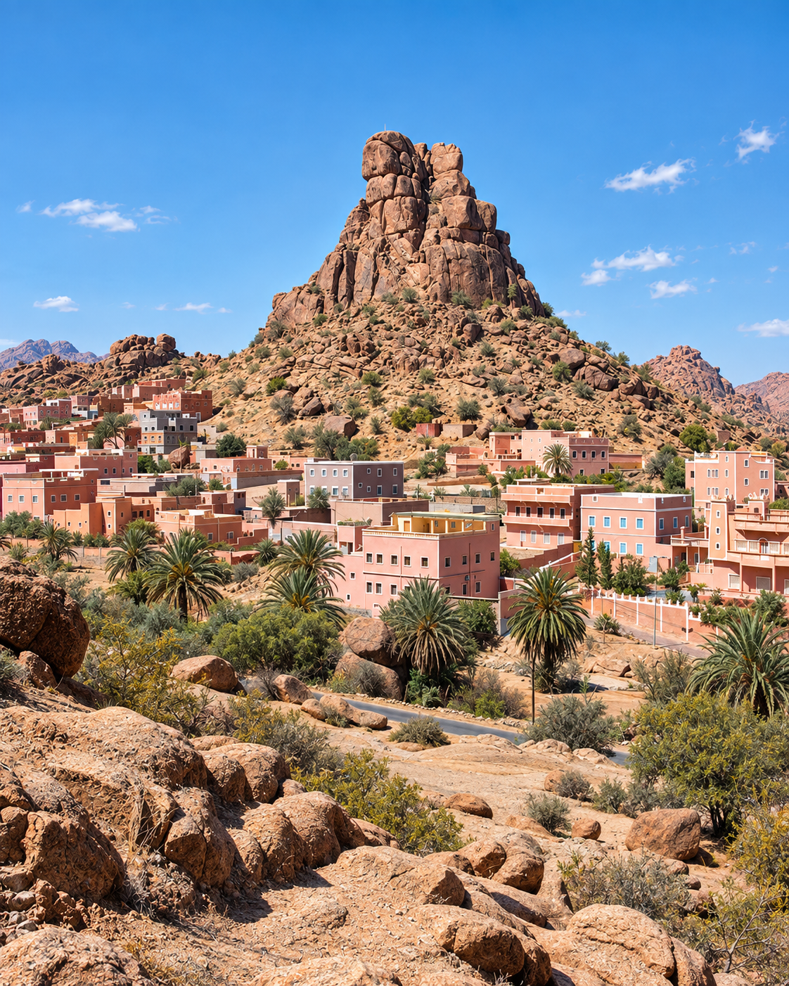 Pink village houses and palms below a granite outcrop in the Tafraout area
