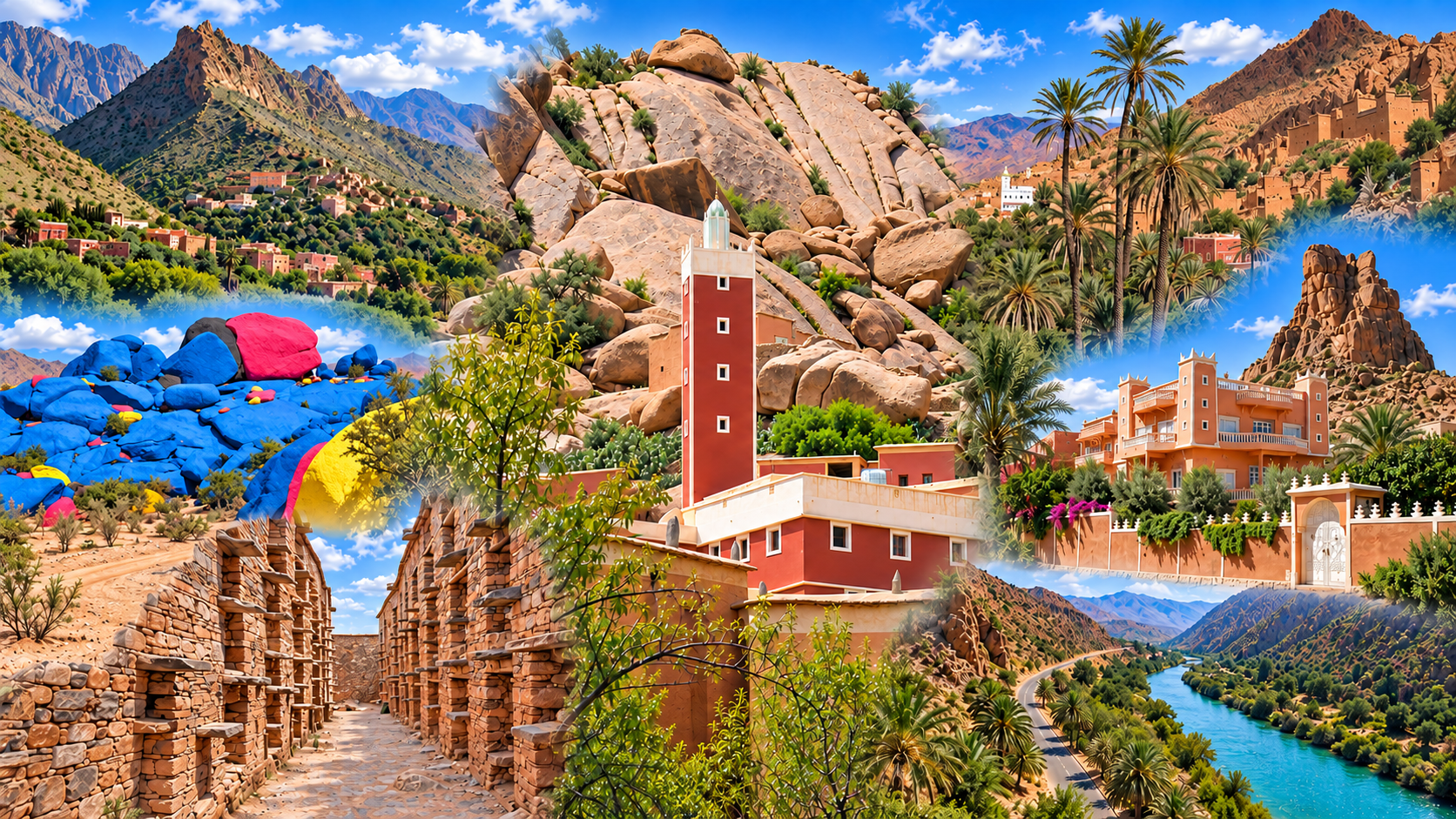 Panoramic composition of Tafraout and surrounding landscapes, with village architecture, granite outcrops, palms and painted rocks