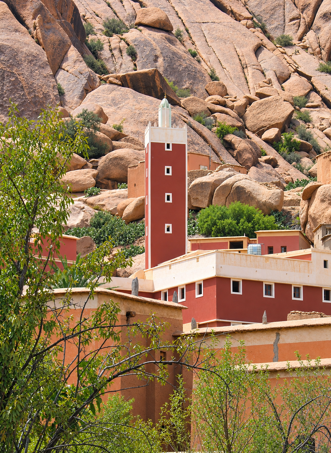 A red minaret with pale trim among Tafraout buildings and rounded granite boulders