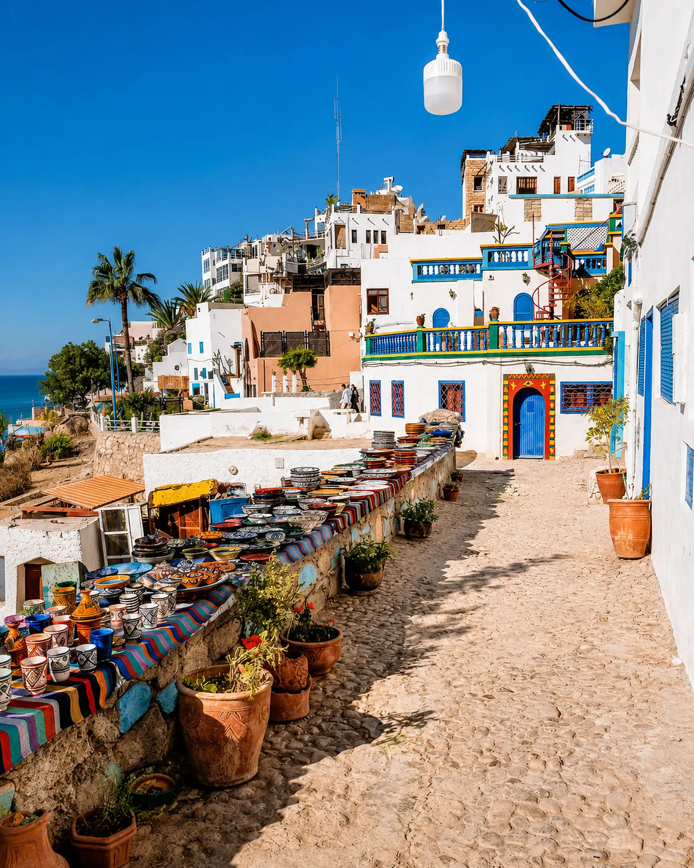 Whitewashed Taghazout street with blue doors, terraces and coastal light