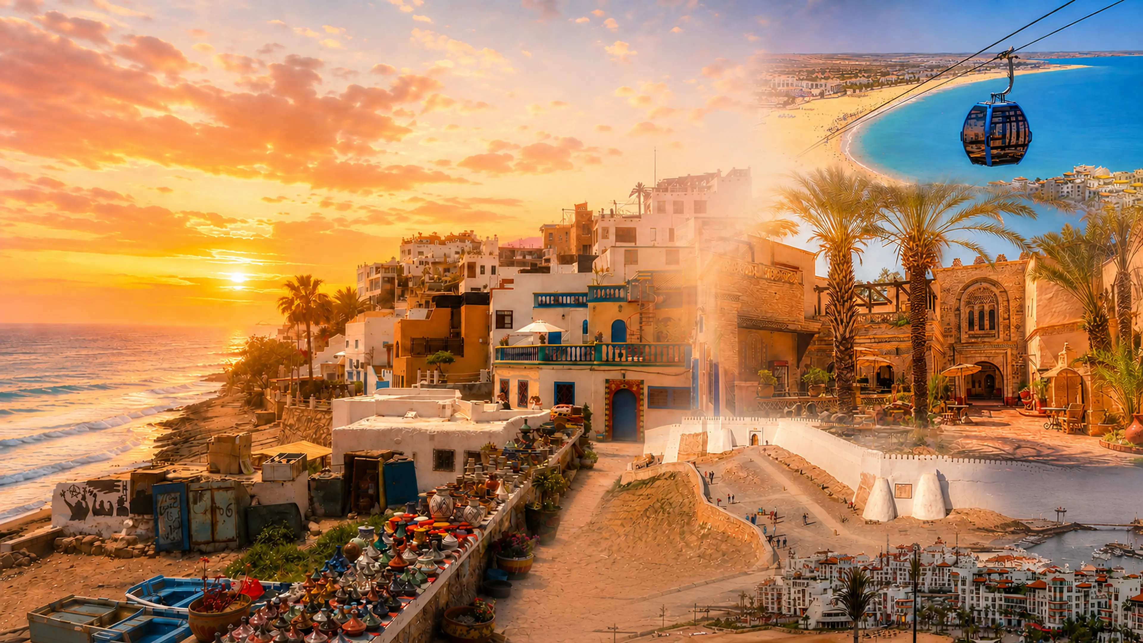 Taghazout sunset shoreline with Atlantic surf, village details and Agadir coastal context