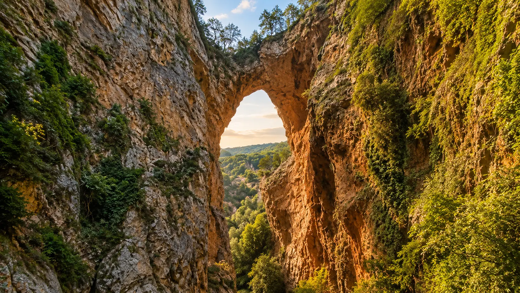 Natural limestone arch and green slopes in the existing Talassemtane and Akchour collection