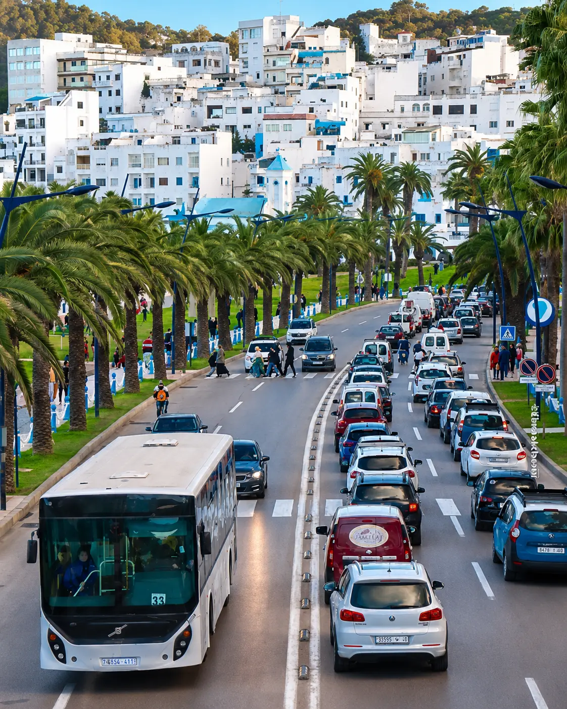 Fnideq city street and white hillside buildings near Tamuda Bay in northern Morocco