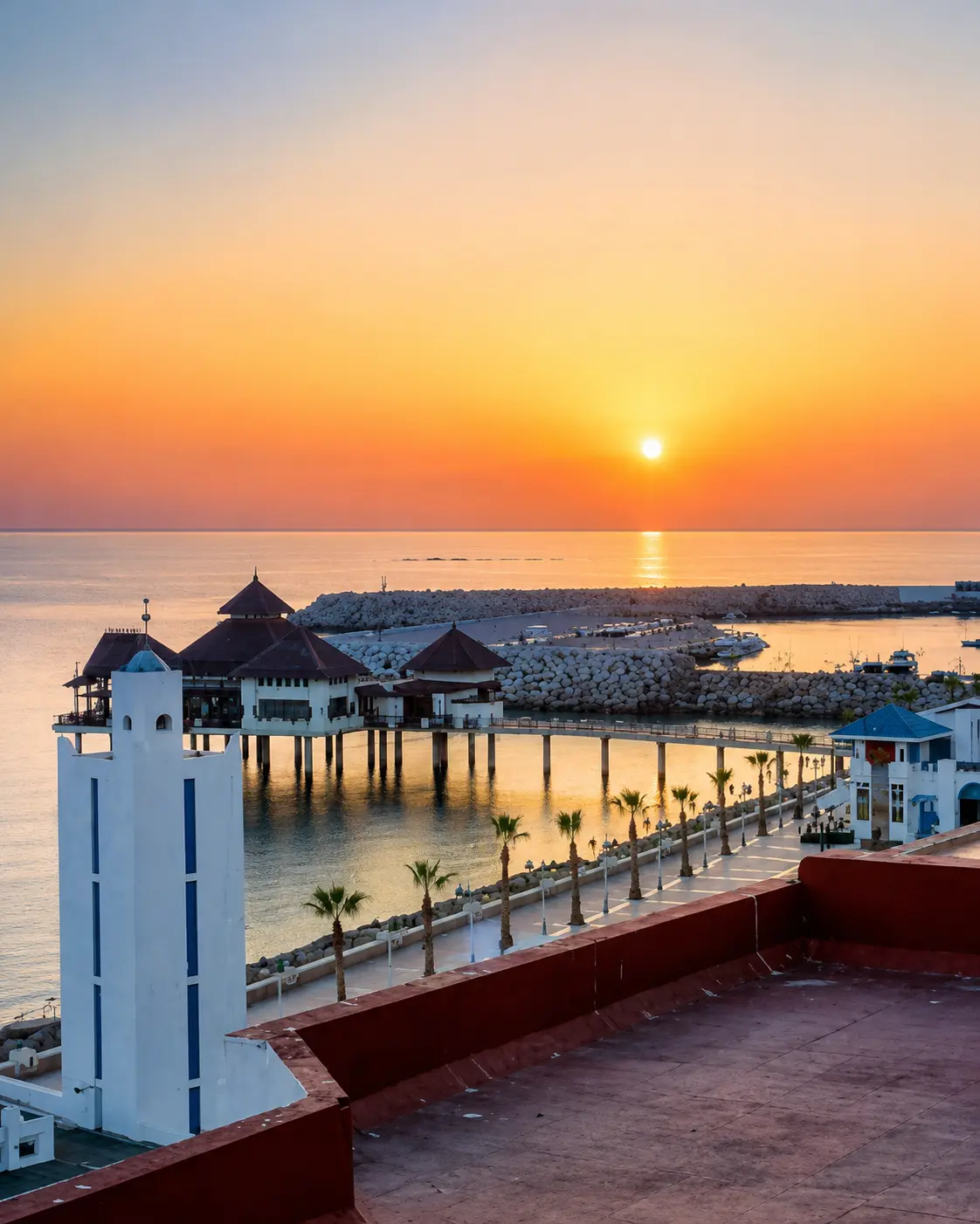 Sunset over the Tamuda Bay waterfront and marina context on Morocco's Mediterranean coast