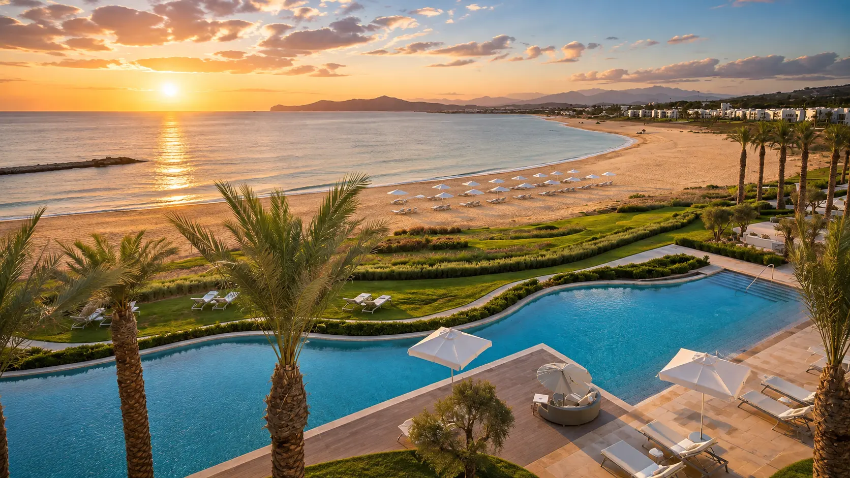 Tamuda Bay coastline at sunset with Mediterranean water, beach, palms and resort gardens in northern Morocco