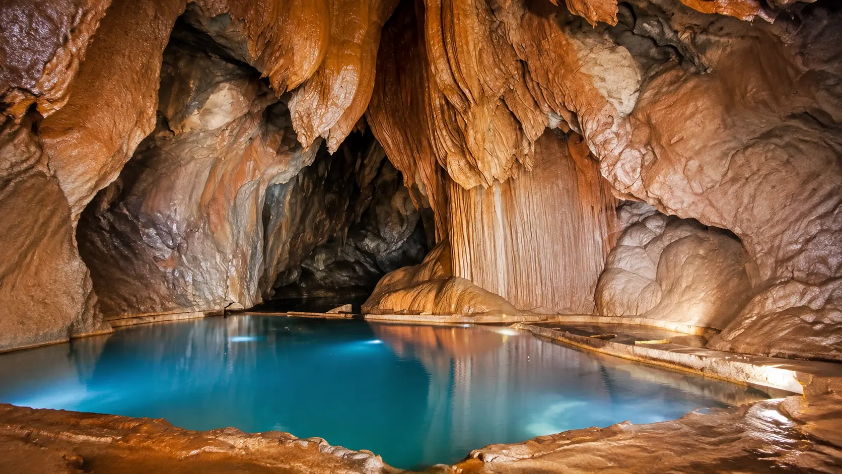 Friouato cave chamber with blue underground water in the Tazekka landscape