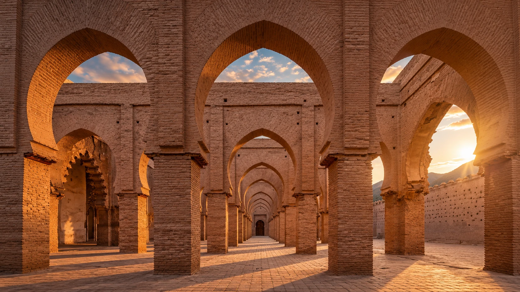 Sunlit Tinmil Mosque arches in Morocco's High Atlas